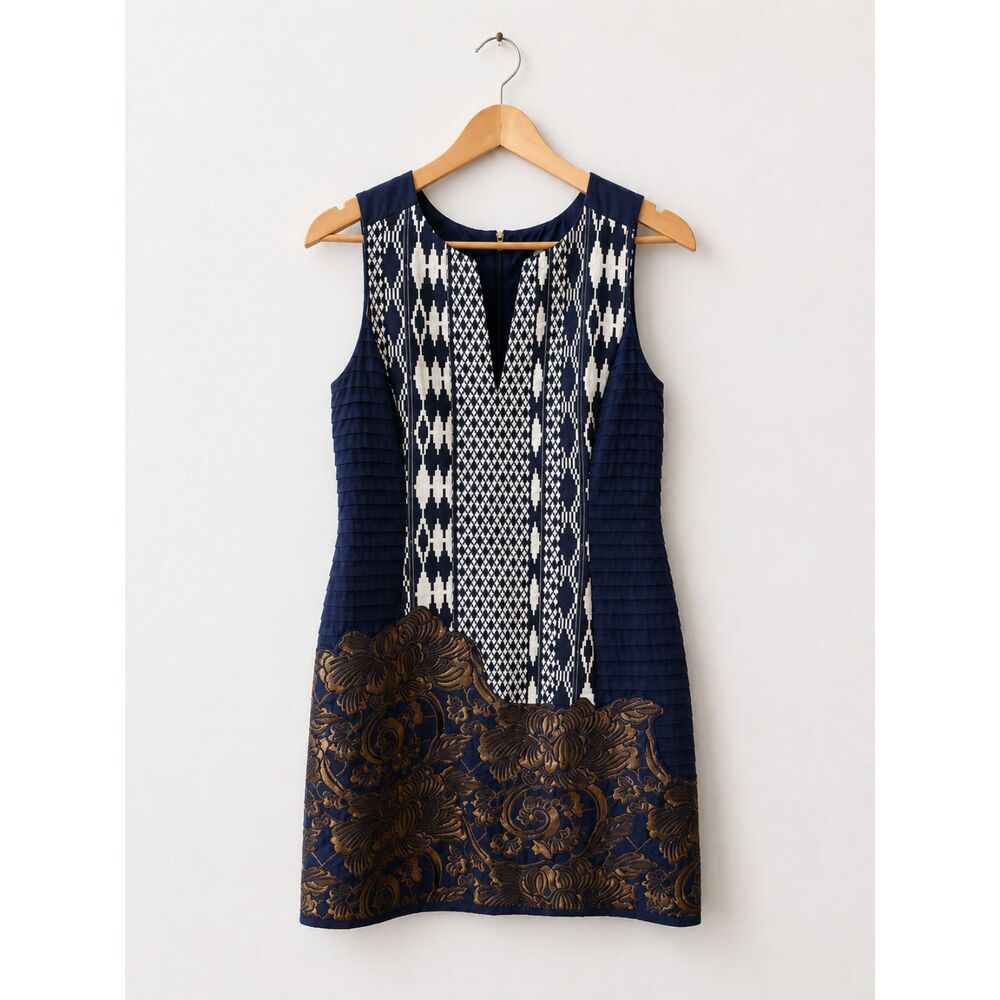 Anthropologie Floreat Dress Size 4P Navy Jacquard Sheath Petite